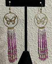 Load image into Gallery viewer, Pinks and butterflies-beauty in 3 shades of pinks, pale pink druks, fuchsia facets and frosted drop beads AND sz 15 Charlotte cut 24k gold beads. On gold filled hooks