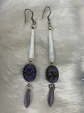 Load image into Gallery viewer, Dentalium earrings w/dove Czech beads, lilac daggers and sterling silver beads in two sizes. Hypoallergenic hooks