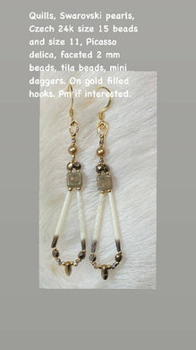 Porcupine quill earrings with Swarovski pearls, Picasso delicas, 24k Czech beads, faceted beads, mini daggers. On gold filled hooks.