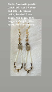 Porcupine quill earrings with Swarovski pearls, Picasso delicas, 24k Czech beads, faceted beads, mini daggers. On gold filled hooks.