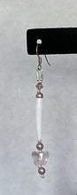 Load image into Gallery viewer, Pink butterfly dentalium earrings with light pink Swarovski pearls and crystals, sterling silver beads. On hypoallergenic hooks.