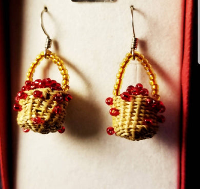 Woven Seagrass Berry Basket Earrings Red