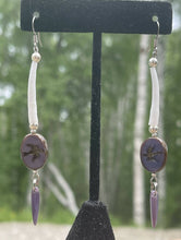Load image into Gallery viewer, Dentalium earrings w/dove Czech beads, lilac daggers and sterling silver beads in two sizes. Hypoallergenic hooks