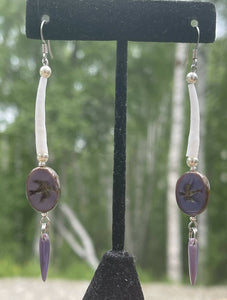 Dentalium earrings w/dove Czech beads, lilac daggers and sterling silver beads in two sizes. Hypoallergenic hooks