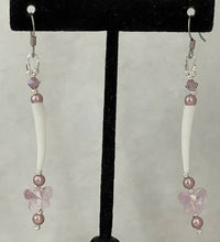 Load image into Gallery viewer, Pink butterfly dentalium earrings with light pink Swarovski pearls and crystals, sterling silver beads. On hypoallergenic hooks.