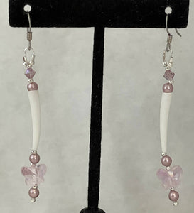 Pink butterfly dentalium earrings with light pink Swarovski pearls and crystals, sterling silver beads. On hypoallergenic hooks.