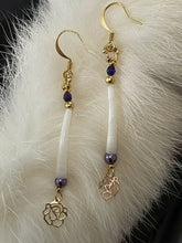 Load image into Gallery viewer, Dentalium earrings with pearls and faceted beads, 24k gold beads in 3 sizes and gold rose dangle. On gold filled hooks