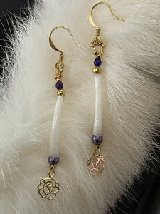Dentalium earrings with pearls and faceted beads, 24k gold beads in 3 sizes and gold rose dangle. On gold filled hooks