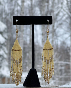 Gold gold gold and crystal fringe earrings. All 24k…bugles and mini bugles, size 15 seed beads, honeycomb charlotte cut beads and Swarovski crystals. On gold filled hooks.