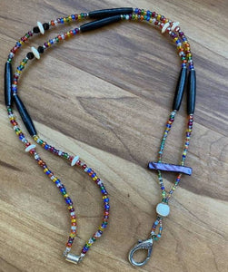 Beaded Lanyard with Walrus Ivory, Black Bison Bead Bones and Mother of Pearl.
