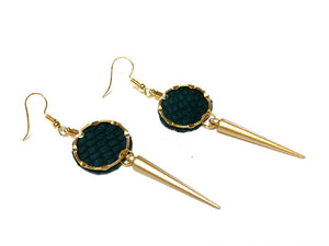 Long Spike Salmon Skin Earrings - Green