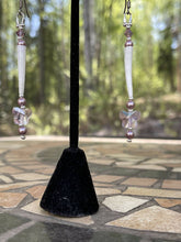 Load image into Gallery viewer, Pink butterfly dentalium earrings with light pink Swarovski pearls and crystals, sterling silver beads. On hypoallergenic hooks.