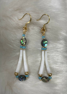 Abalone and dentalium earrings w/ gold Swarovski pearls, 24k gold seed beads, aqua seed beads size 8 and gold findings. On gold filled hooks.