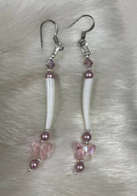 Load image into Gallery viewer, Pink butterfly dentalium earrings with light pink Swarovski pearls and crystals, sterling silver beads. On hypoallergenic hooks.
