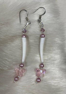 Pink butterfly dentalium earrings with light pink Swarovski pearls and crystals, sterling silver beads. On hypoallergenic hooks.