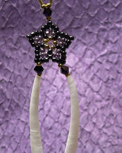 Load image into Gallery viewer, 24k gold and lavender Charlotte cut size 15 and dark purple Toho size 15 with dentalium and 2 sizes of crystals with gold teardrop bead on gold filled hooks. Measures 3 1/4” top to bottom