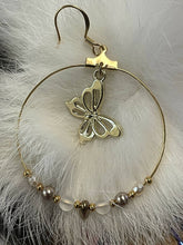 Load image into Gallery viewer, Gold butterfly hoop earrings w/24k seed beads, 4 mm bronze pearls, 4 mm matte crystal quartz, 3 mm cream pearl beads and bronze mini daggers. On gold filled hooks.