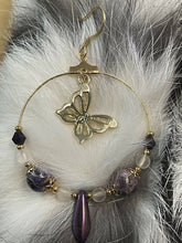 Load image into Gallery viewer, Gold butterfly hoop earring with purple and gold cloisonné round beads and gold bead caps, matte crystal quartz, Australian crystals, purple iris daggers and 24k gold seed beads. On gold filled hooks.