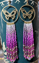 Load image into Gallery viewer, Pinks and butterflies-beauty in 3 shades of pinks, pale pink druks, fuchsia facets and frosted drop beads AND sz 15 Charlotte cut 24k gold beads. On gold filled hooks