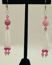 Load image into Gallery viewer, Rose Swarovski crystals with natural round stone bead, fuchsia pearls, sterling silver beads and Dentalium. On hypoallergenic hooks.