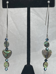 Abalone earrings with ovals and hearts w/metallic blue crystals