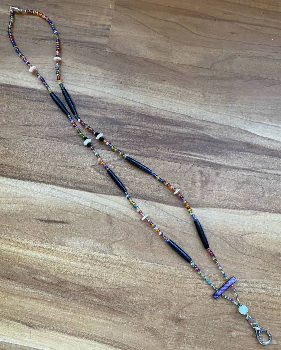 Beaded Lanyard with Walrus Ivory, Black Bison Bead Bones and Mother of Pearl.