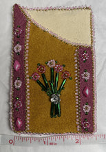 Load image into Gallery viewer, Beaded cardholder w/deep pink dyed fish skin on commercial tanned moose skin. 24k gold plated beads galore, pinks, bugles and pewter beads