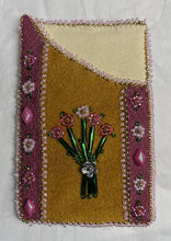 Load image into Gallery viewer, Beaded cardholder w/deep pink dyed fish skin on commercial tanned moose skin. 24k gold plated beads galore, pinks, bugles and pewter beads