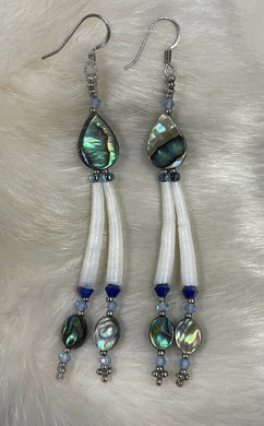 Dentalium earrings with teardrop and oval shaped Abalone, light blue crystals, Japanese size 8 beads and sterling silver beads. On hypoallergenic hooks.