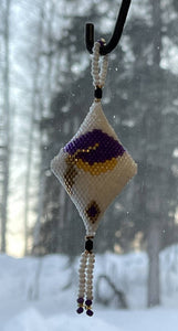 Graduation peyote pod 2 sided in purple and yellow with gold tassel.