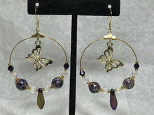 Load image into Gallery viewer, Gold butterfly hoop earring with purple and gold cloisonné round beads and gold bead caps, matte crystal quartz, Australian crystals, purple iris daggers and 24k gold seed beads. On gold filled hooks.