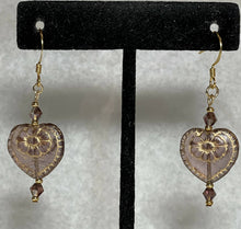 Load image into Gallery viewer, Amethyst heart with gold heart, 24k gold seed beads and Australian crystals. On gold filled hooks.