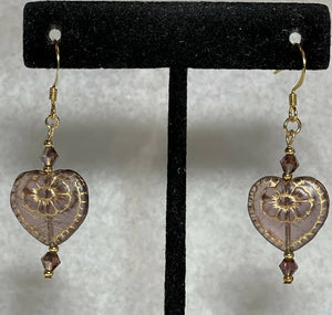Amethyst heart with gold heart, 24k gold seed beads and Australian crystals. On gold filled hooks.