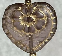 Load image into Gallery viewer, Amethyst heart with gold heart, 24k gold seed beads and Australian crystals. On gold filled hooks.