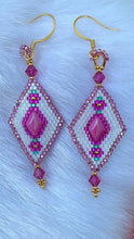 Load image into Gallery viewer, Diamond shaped peyote stitched earrings in size 15s w/Swarovski crystals, 24k gold beads and gem duos. On gold filled hooks.