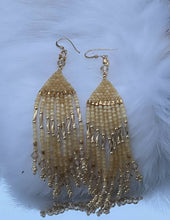 Load image into Gallery viewer, Gold gold gold and crystal fringe earrings. All 24k…bugles and mini bugles, size 15 seed beads, honeycomb charlotte cut beads and Swarovski crystals. On gold filled hooks.