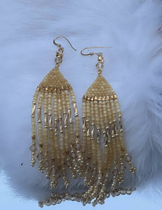 Gold gold gold and crystal fringe earrings. All 24k…bugles and mini bugles, size 15 seed beads, honeycomb charlotte cut beads and Swarovski crystals. On gold filled hooks.