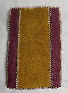 Beaded cardholder w/deep pink dyed fish skin on commercial tanned moose skin. 24k gold plated beads galore, pinks, bugles and pewter beads