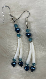 Dentalium earrings w/Blue pearl hearts, medium blue Australian crystals, size 15 and 11 sterling silver beads. On hypoallergenic hooks.