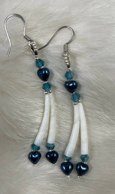 Dentalium earrings w/Blue pearl hearts, medium blue Australian crystals, size 15 and 11 sterling silver beads. On hypoallergenic hooks.