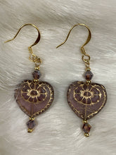 Load image into Gallery viewer, Amethyst heart with gold heart, 24k gold seed beads and Australian crystals. On gold filled hooks.