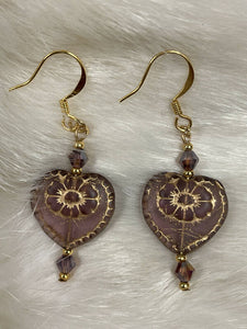Amethyst heart with gold heart, 24k gold seed beads and Australian crystals. On gold filled hooks.