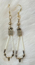 Load image into Gallery viewer, Porcupine quill earrings with Swarovski pearls, Picasso delicas, 24k Czech beads, faceted beads, mini daggers. On gold filled hooks.