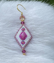 Load image into Gallery viewer, Diamond shaped peyote stitched earrings in size 15s w/Swarovski crystals, 24k gold beads and gem duos. On gold filled hooks.