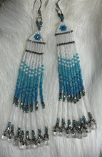 Load image into Gallery viewer, Frosted and sterling silver fringe earrings. Frosted bugles (2 sizes) and drop beads; sterling silver delica and mini twist bugles; Japanese 2 mm faceted beads. On hypoallergenic hooks