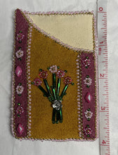 Load image into Gallery viewer, Beaded cardholder w/deep pink dyed fish skin on commercial tanned moose skin. 24k gold plated beads galore, pinks, bugles and pewter beads
