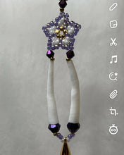 Load image into Gallery viewer, 24k gold purple and white Charlotte cut Size 15 stars with 2 sizes of crystals, smooth dentalium, gold teardrop ornament hung on 24k gold filled hooks. Measures 3” top to bottom