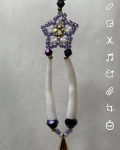 24k gold purple and white Charlotte cut Size 15 stars with 2 sizes of crystals, smooth dentalium, gold teardrop ornament hung on 24k gold filled hooks. Measures 3” top to bottom