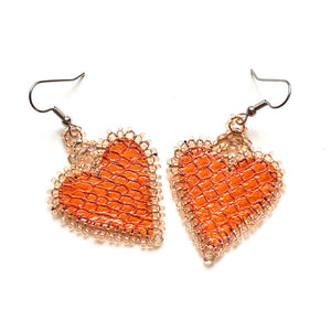 Beaded Salmon Skin Heart Earrings - Orange