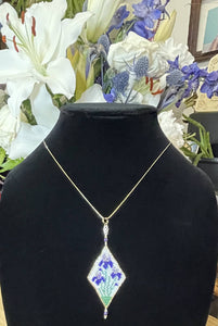Peyote stitched iris necklace in size 15 delicas w/24k gold plated beads, gold plates on 52” Vermiculite chain